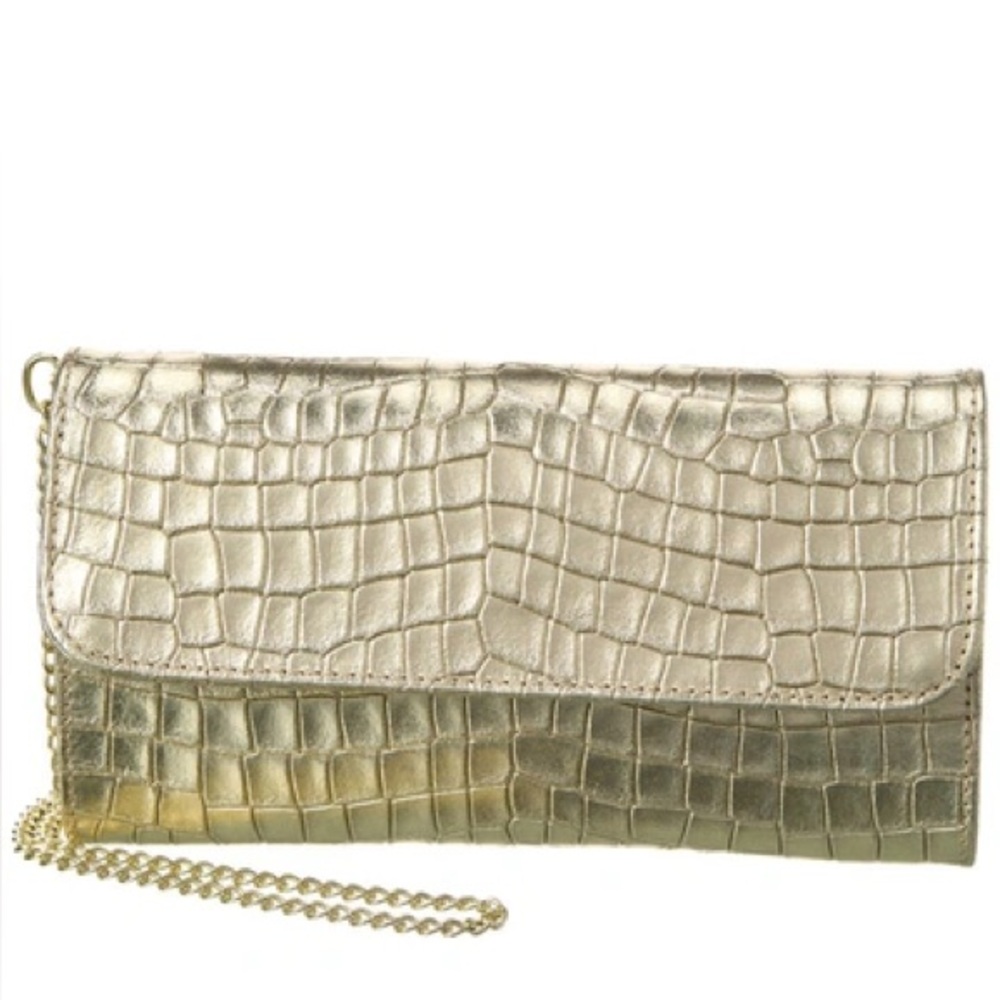 Persaman New York Metallic Gold Croc-Embossed Clutch Wallet with Chain
